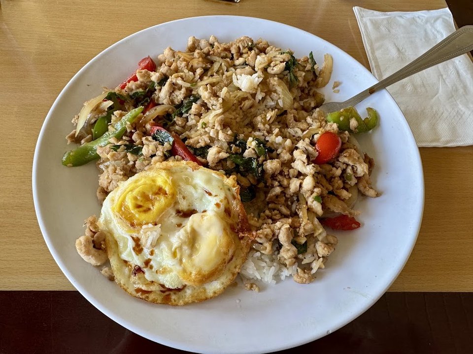 Basil Kraprow over Rice with Fried Egg