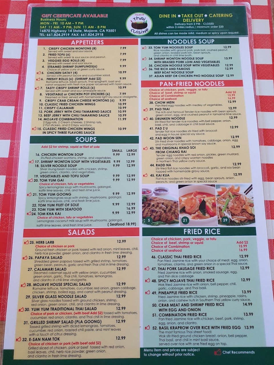 Menu layout for Thai lunch and dinner